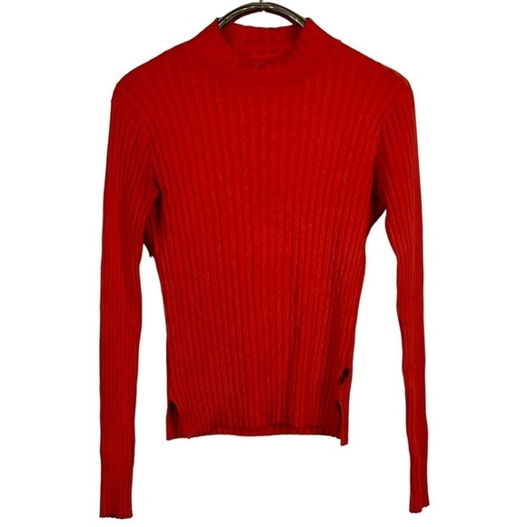 OBERMEYER DIVINE MOCK NECK ORANGE RIBBED CABLE KNIT STRETCH PULLOVER SKI SWEATER - Picture 3 of 14